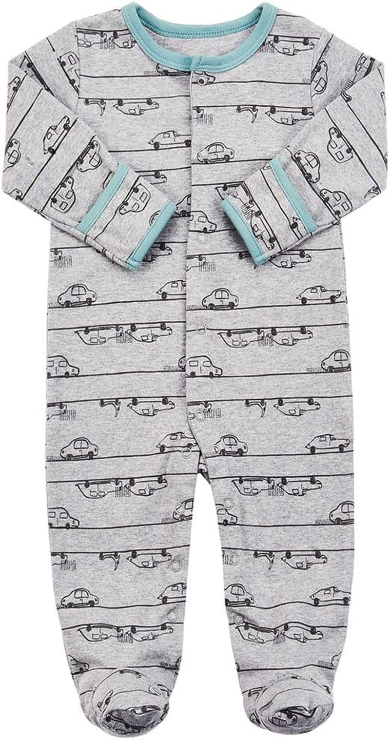 Baby Footie Pajamas with Mittens - 3Pcs Infant Footed Sleeper Cotton Sleepwear Outfits (0-3M, Car Style(Snap))