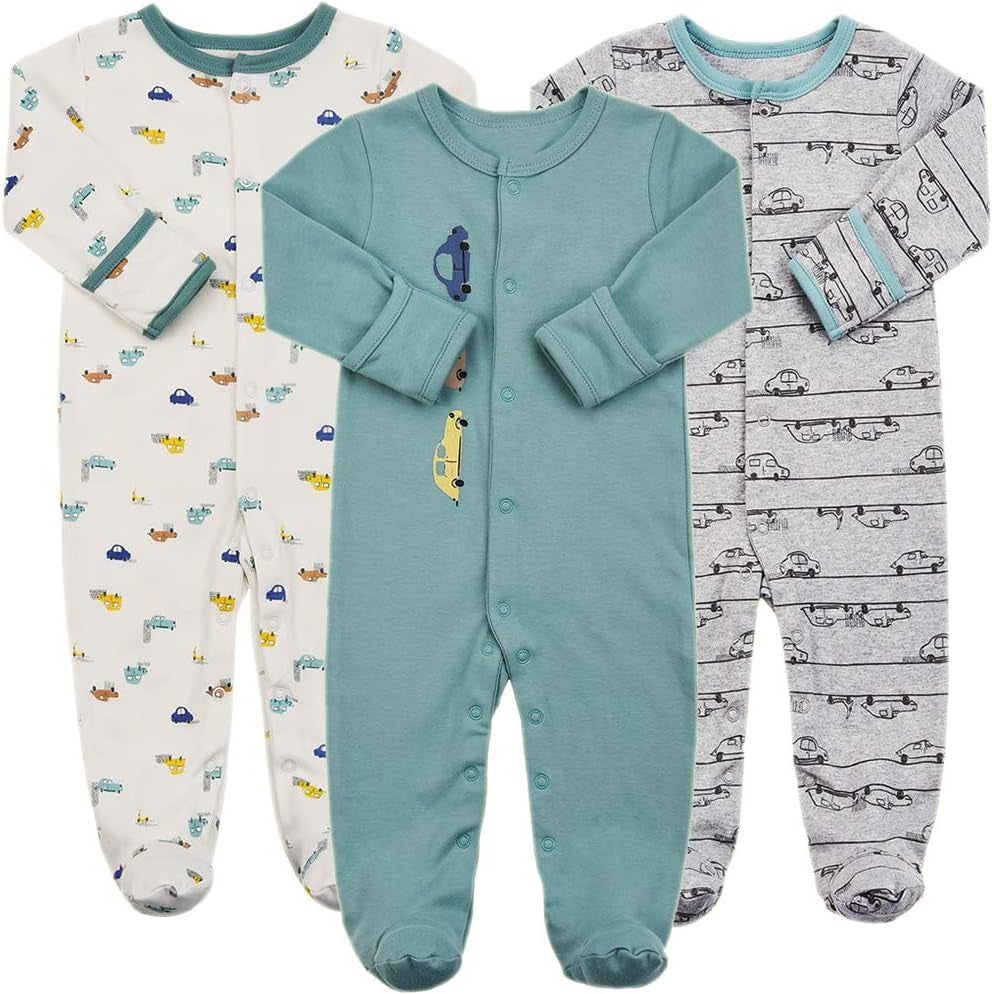 Baby Footie Pajamas with Mittens - 3Pcs Infant Footed Sleeper Cotton Sleepwear Outfits (0-3M, Car Style(Snap))