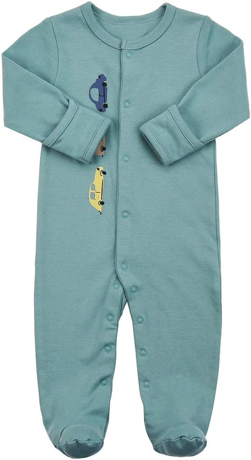Baby Footie Pajamas with Mittens - 3Pcs Infant Footed Sleeper Cotton Sleepwear Outfits (0-3M, Car Style(Snap))